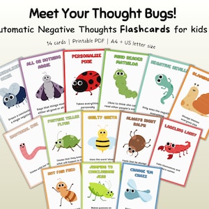 子供向けの14枚のThought Bugフラッシュカード、自動的なネガティブ思考、認知の歪みカード、CBTセラピーツール、ネガティブ思考への挑戦