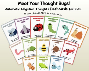 14 Thought Bug Flashcards for kids, Automatic Negative Thoughts, Cognitive Distortion Card, CBT therapy tools, Challenging Negative Thoughts