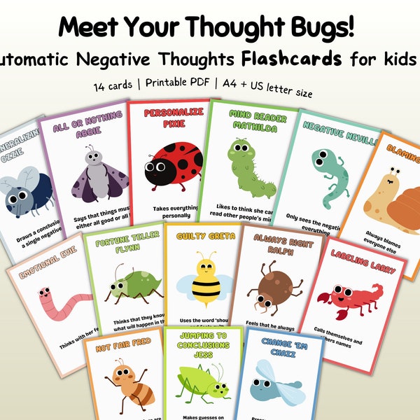 14 Thought Bug Flashcards for kids, Automatic Negative Thoughts, Cognitive Distortion Card, CBT therapy tools, Challenging Negative Thoughts