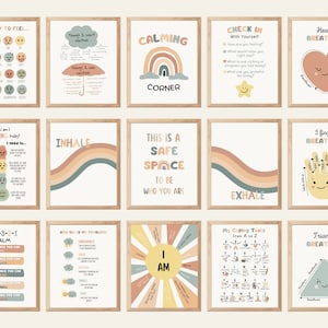 Set of 16 Soft Boho Calming Corner Posters, Coping Techniques Wall Art for Kids, Calm Down Skills, Classroom Management, Instant Download