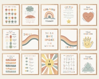 Set of 16 Soft Boho Calming Corner Posters, Coping Techniques Wall Art for Kids, Calm Down Skills, Classroom Management, Instant Download