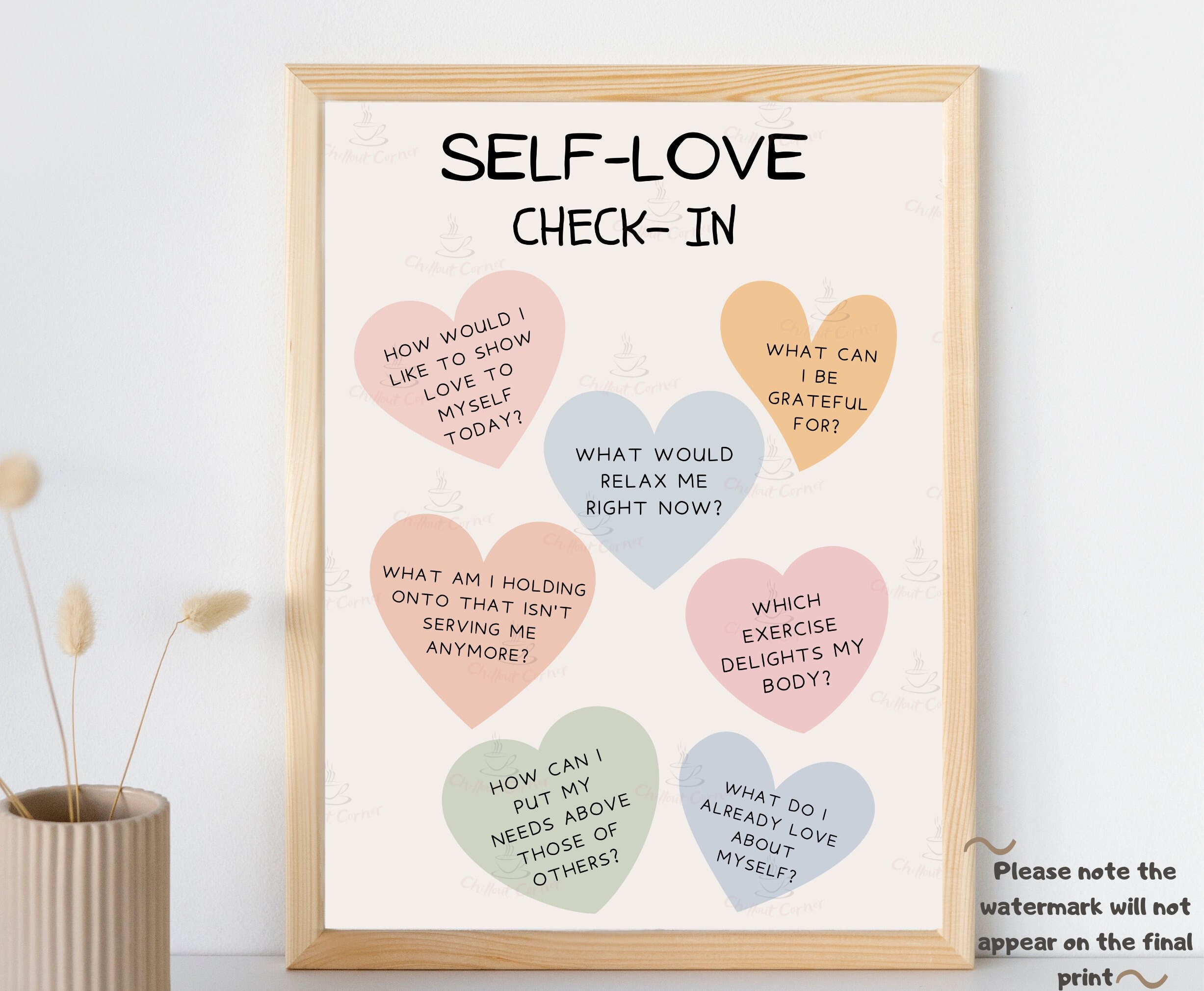 Selbstliebe Check In Digitales Poster, psychische Gesundheit druckbar, Selbstpflege, Wellness Kunst, Schulratgeber Büro Wanddekoration, sei nett zu dir selbst