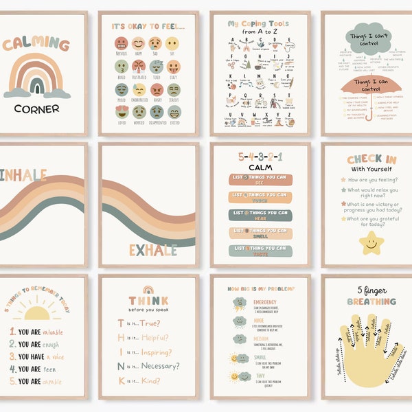 Set of 12 Soft Boho Calming Corner Posters, Coping Techniques Wall Art for Kids, Calm Down Skills, Classroom Management Printable