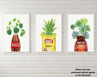Popular Food and Snack Brands Wall Art Set of 3, Modern Kitchen Print, Botanical Gallery Wall Printables, Food Lover, Foodie Gift