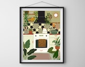 Jungle Kitchen Art Print, Kitchen Printable, Kitchen Counter Decor, Kitchen and Dining, Boho Kitchen Design with Oven and Houseplants Plant