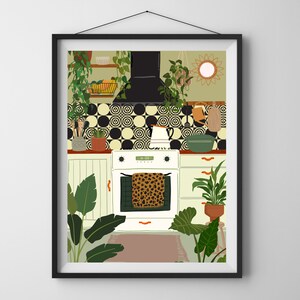 May include: A white kitchen with black and white patterned tile backsplash, a white oven with a leopard print oven mitt, and a variety of plants.