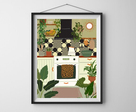 Jungle Kitchen Art Print, Kitchen Printable, Kitchen Counter Decor, Kitchen and Dining, Boho Kitchen Design with Oven and Houseplants Plant