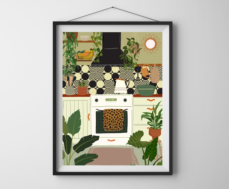 May include: A white kitchen with black and white patterned tile backsplash, a white oven with a leopard print oven mitt, and a variety of plants.