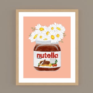 Nutella Jar Küche Poster, Boho Aquarell Jar mit Gänseblümchen, Vintage, Retro Küche, Esszimmer, Speisekammer, Ungewöhnliche Kunst, Food Art