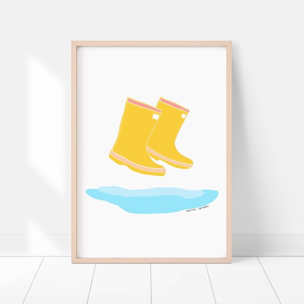 Splish Splash Yellow Gumboots Wellingtons Illustration, High Resolution Printable Artwork, Colourful Art Download, Kids Shoes, Rain Decor