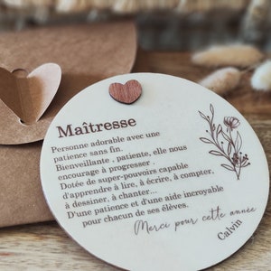 Carte «maîtresse» en bois personnalisée - Cadeau maîtresse- Carte bois maîtresse-Affiche maîtresse - Cadeau fin d'année -