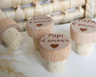 Bouchon de bouteille de vin personnalisé «Papi , papa, parrain, d'amour» - Bouchon papi  - Papi d'amour - Papa d'amour - Parrain d'amour  -