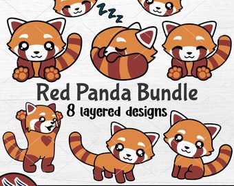 Può includere: Un set di otto design di panda rosso a strati. I panda rossi sono in varie pose, tra cui dormire, sedersi e stare in piedi. I design sono perfetti per progetti di artigianato, come magliette, tazze e adesivi.