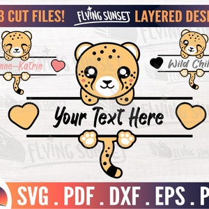 ベビーチーターモノグラム SVG、かわいいチータークリップアート、チータースプリットネームデカールワンジー、サファリ動物、クリカットカットファイル PNG、かわいいチーター eps DXF