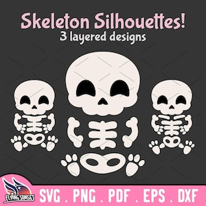 以下が含まれることがあります： 黒い背景に白い3層のスケルトンシルエット。スケルトンはサイズが異なり、笑顔をしています。画像の上部に「Skeleton Silhouettes! 3 layered designs」というテキストがあります。