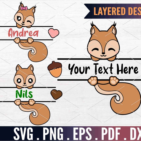 Cute Squirrel Monogram SVG, Baby Squirrel Clipart, Kawaii Squirrel Cut File Bundle, Personalize Name Decal, Woodland Forest Animal EPS DXF