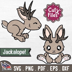 May include: Two cartoon Jackalopes, one standing and one sitting. Both are brown with white fur on their bellies and have antlers. The text "Jackalope!" is below the standing Jackalope. The text "Cut Files" is in a star shape above the sitting Jackalope.