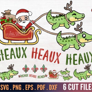 Cajun Christmas SVG PNG, Heaux Heaux, Southern Santa Clipart, Kawaii Alligator Crocodile Cut File Sticker, Layered Fleur De Lis Cricut DXF