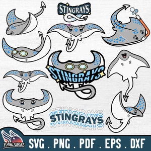 Lindo Sting Ray Clipart SVG, paquete Stingray PNG, archivo de corte de animales del océano Kawaii, calcomanía de pegatina de mantarraya dulce, silueta de vinilo del equipo de natación DXF