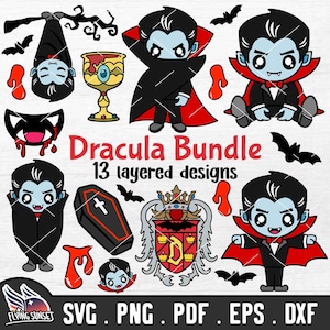 Cute Dracula SVG Clipart, Halloween Vampire Cut File, Kawaii Blood Drip Layered, Sleeping Scary Face Monster, Crest Bat Goblet Vinyl pdf DXF