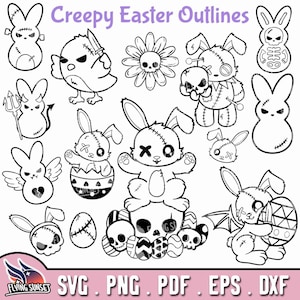 Cute Creepy Easter Outlines SVG, Goth Easter Clip Art, Horror Easter Coloring Page, Voodoo Rabbit Doll, Digital Stickers PNG PDF
