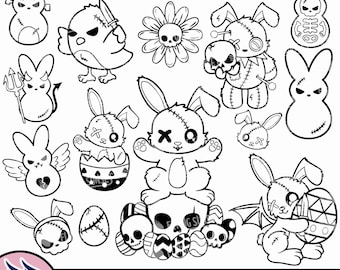 Cute Creepy Easter Outlines SVG, Goth Easter Clip Art, Horror Easter Coloring Page, Voodoo Rabbit Doll, Digital Stickers PNG PDF