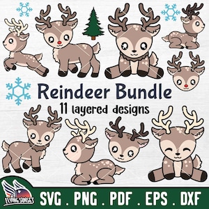 Schattig rendier SVG, baby rendier gelaagde PNG, Kawaii Rudolph Woodland Animal, Buck Cut File Decal, Sneeuwvlok pdf, Red Nose Fawn Doe eps DXF