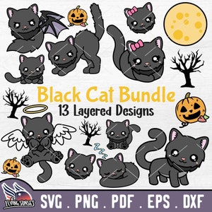 Cute Black Cat SVG, Halloween Cat Clipart PNG, Bad Luck Omen Cricut Cut File, Black Kitty Sticker Download Art, Layered Vinyl Iron on DXF