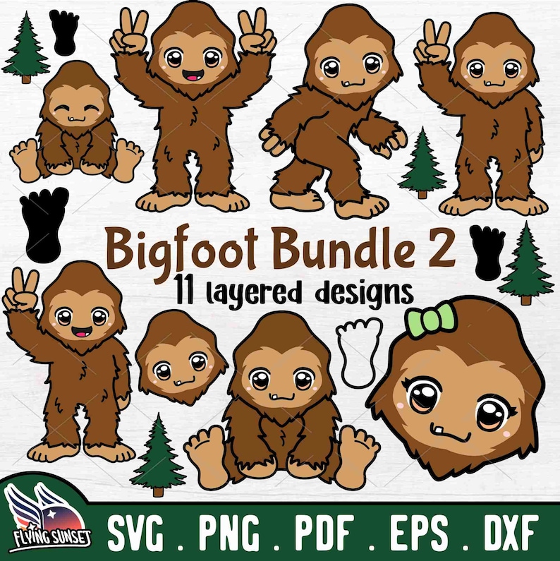 May include: A digital clipart bundle of 11 layered designs featuring cute cartoon Bigfoot characters in various poses. The designs include Bigfoot with peace signs, Bigfoot sitting, and Bigfoot with a bow. The text "Bigfoot Bundle 2" and "11 layered designs" is included in the image. The designs are available in SVG, PNG, PDF, EPS, and DXF formats.