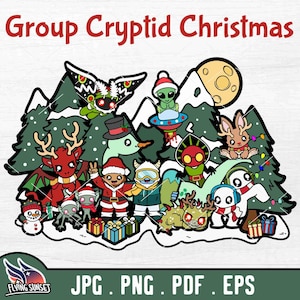 Cryptid Group Clipart, Cryptid Christmas, Jersey Devil, Mothman Bigfoot, Yeti PNG, Nightcrawlers JPG, Jackalope, Flatwoods Monster