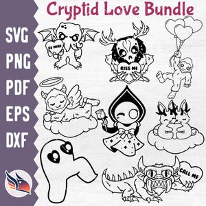 Cryptid Outlines SVG, Cute Cryptid Silouettes, Cryptid Valentine's Day, Cryptozoology Cut Files