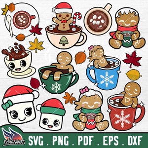 以下が含まれることがあります： かわいいジンジャーブレッドマンがホットチョコレートを楽しんでいる、10枚のデジタルクリップアート画像のセットです。クリスマスのクラフト、カード、デコレーションの作成に最適です。