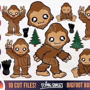 Niedliche Bigfoot SVG, Baby Bigfoot Clipart, Kawaii Cryptid Bundle, Little Sasquatch Shirt PNG, Pine Tree Footprint, Squatch Sticker Aufkleber DXF
