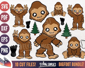 Cute Bigfoot SVG, Baby Bigfoot Clipart, Kawaii Cryptid Bundle, Little Sasquatch Shirt PNG, Pine Tree Footprint, Squatch Sticker Decal DXF
