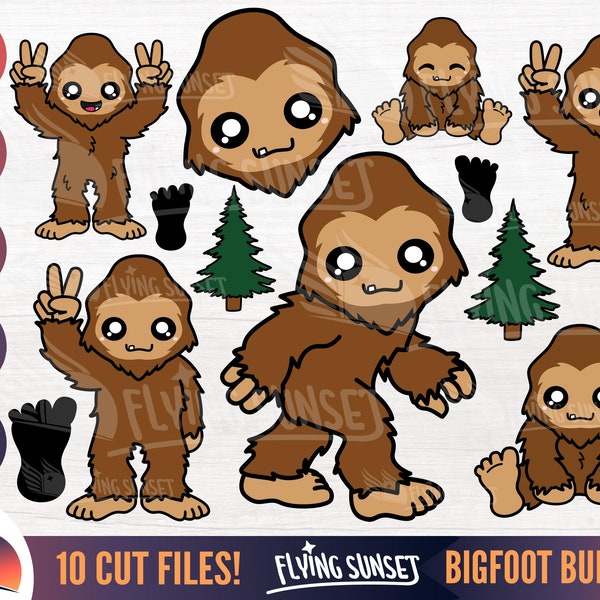 Cute Bigfoot SVG, Baby Bigfoot Clipart, Kawaii Cryptid Bundle, Little Sasquatch Shirt PNG, Pine Tree Footprint, Squatch Sticker Decal DXF