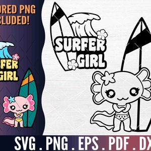 Surfer Girl Axolotl SVG Contour, Coloriage Axolotl, Surf mignon coupe fichier Cricut, Kawaii Beach Axolotl Decal PNG, Vinyl Wave Surf Board DXF