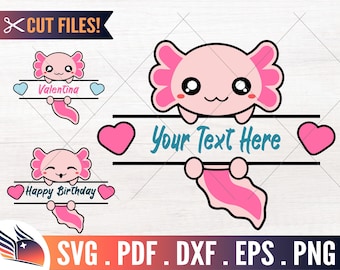Axolotl svg, cute axolotl monogram, baby axolotl svg, kawaii chibi clipart bundle, animal onesie, axolotl birthday shirt, cricut cut file