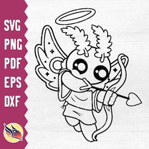 May include: A black and white line drawing of a cartoon cupid with wings, a halo, and an arrow. The cupid is holding the arrow in its right hand and has a heart-shaped arrowhead.