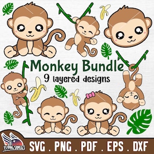 Cute Monkey SVG, Baby Chimp Clipart, Safari Jungle Animal Bundle, Ape Birthday Shirt, Kid Cut File Cricut, Kawaii Vine Banada pdf eps DXF