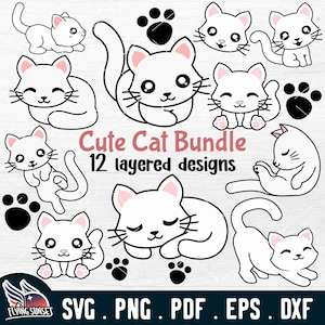 Könnte beinhalten: Ein Set mit 12 geschichteten Designs mit niedlichen weißen Katzen in verschiedenen Posen. Die Designs beinhalten Katzen, die sitzen, schlafen und spielen. Die Designs sind perfekt zum Erstellen von Bastelarbeiten, Karten und anderen Projekten.