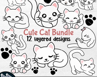 Cute Cat SVG Bundle, Baby Cat PNG Cut File, Kawaii Kitten Clipart, Cat Face Sticker, Layered Cricut Silhouette, Sweet Chibi Kitty pdf DXF