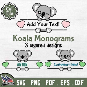 Koala-Monogramm SVG, niedliches Koala-Clipart-Bundle, personalisieren Koala-Design, Split-Namensschild-Aufkleber Abziehbild-Schnittdatei, Cricut Silhouette pdf DXF