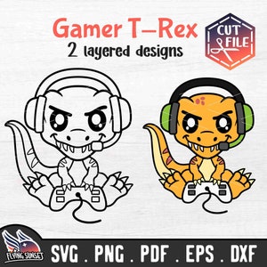 Gamer T-Rex SVG Umriss, Gaming Dinosaurier Clipart, Videospiel Streamer PNG, Nerd lustige Tier geschnitten Datei Cricut, Junge Geburtstag Shirt Cardstock