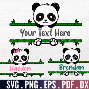 Panda monogramme SVG Clipart, sticker nom mignon panda, animal de la jungle Kawaii PNG, fichier de coupe Cricut bambou, Silhouette DXF vecteur téléchargement pdf