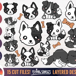 Border Collie SVG, schattige Collie clipart, puppy PNG, kawaii illustraties, baby hond bundel, familie huisdier cartoon, herder gesneden bestand DXF