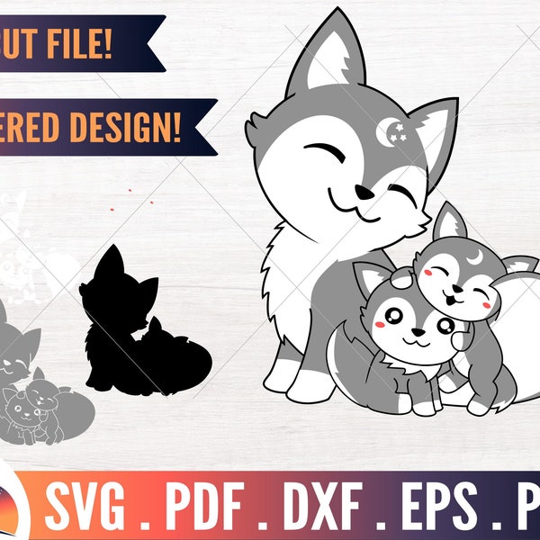 Wolf Mom With Pups SVG PNG, Cute Wolf Clipart, Mothers Day Cut File, Wolf Family Decal, Woodland Animal Cricut, Momma 2 Two Sons eps pdf DXF