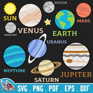 Solar System SVG, Planets svg, Outer Space Clipart, Jupiter Neptune Saturn Cut Files, Earth PNG Mars DXF, Layered Files, Astronomy bundle