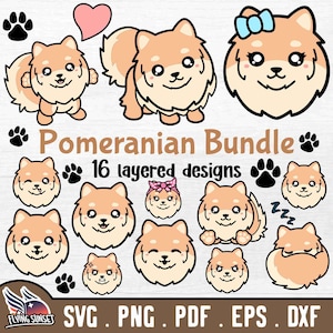 Pomeranian Clipart, Cute Pom Cut File SVG, Funny Dog Lover Kawaii Sticker, Paw Print Heart pdf, Sleeping Dog, Angry & Happy Face pdf eps DXF