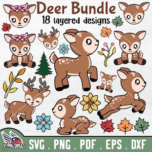 Cute Deer SVG, Baby Deer Clip Art Bundle, Kawaii Forest Animal Cricut Cut File, Female Deer Sublimation, Woodland Animal Download