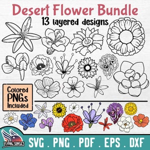 Flor del desierto SVG PNG, Contorno de flores silvestres, Página para colorear de flora de Arizona, Archivos de corte de flores para Cricut, Plantas del suroeste suculentas eps pdf DXF